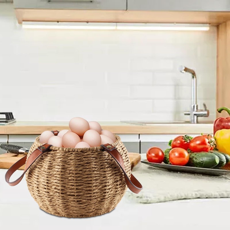 Farmhouse Egg Basket,Large Egg Collecting Basket with Handle,Round Wicker Egg
