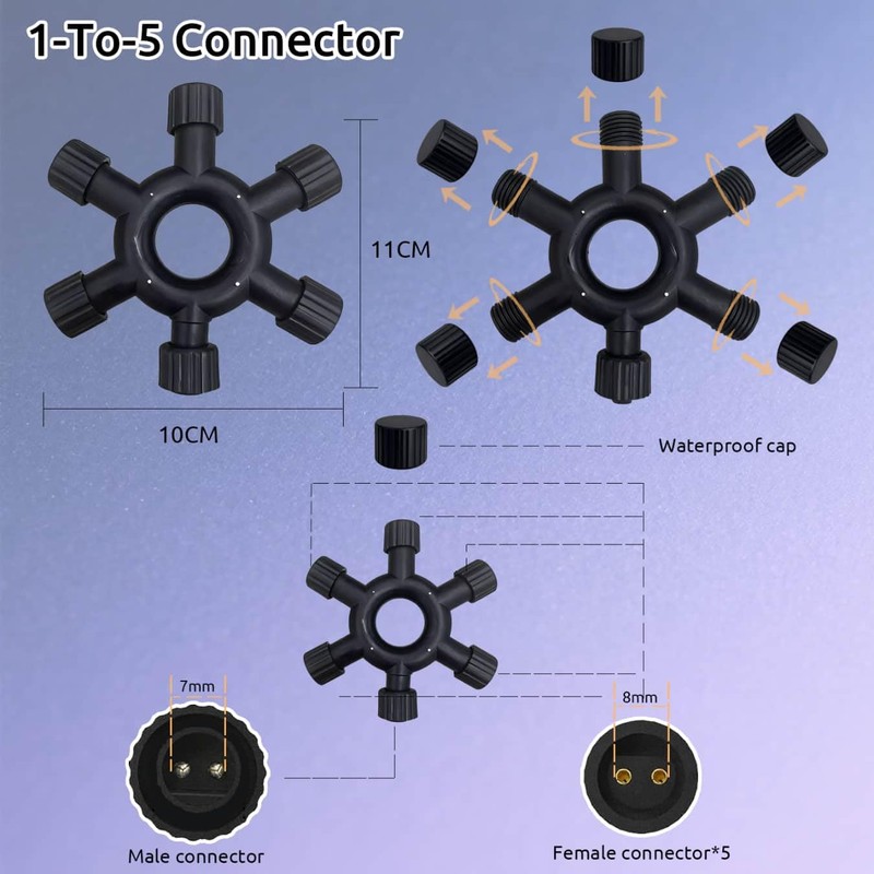 Dekofun Christmas Light Splitter Connector, 2 Pin 1-to-5 Fairy Lights