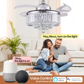 DuMaiWay Crystal Chandelier Fan - 36" Smart Ceiling Fan with Light and Remote Alexa WiFi Fandelier Retractable Dimmable for Bedroom Living Room Modern Silver
