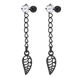 Mens Womens Leaf Earrings, Black Steel Cubic Zirconia Ball Stud Long Chain Dangling Charm, Screw Back
