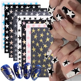 8 Sheets Star Nail Art Sticker 3D Shiny Glitters Starlight Nail Decals Holographic Irregular Pentagram Black White Pink Lase Stars Gold Design Decal Slider Nail Foil DIY Charms Manicure Decoration
