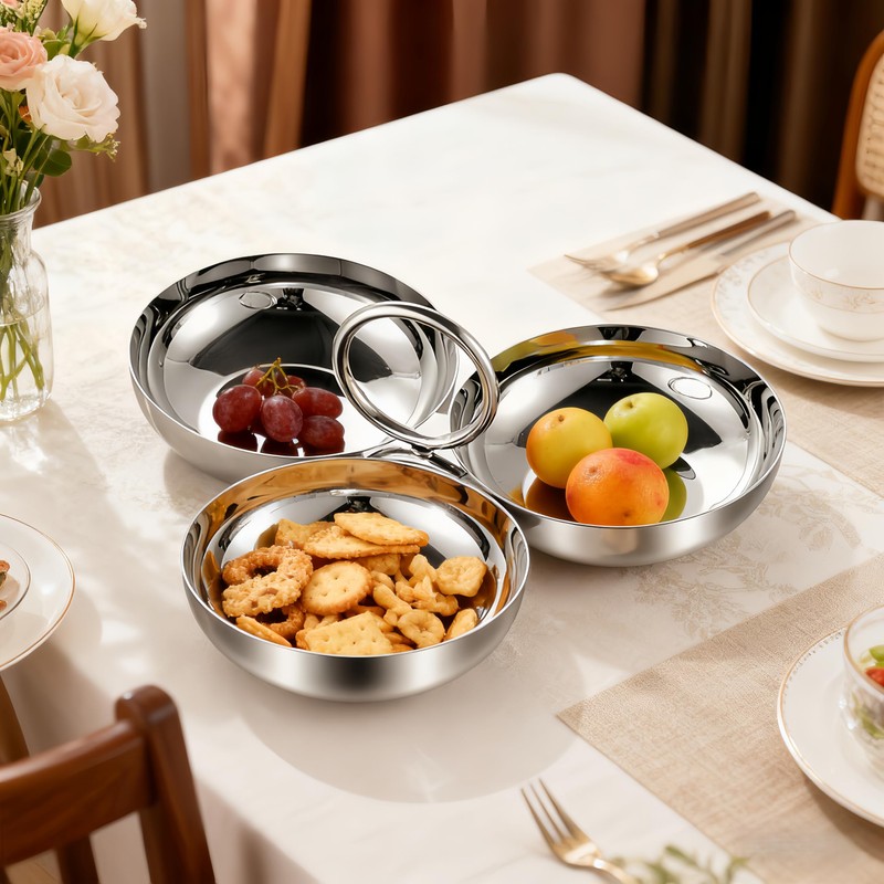 Cluster Serving Bowls 3 in 1 Silver Stainless Steel Snack