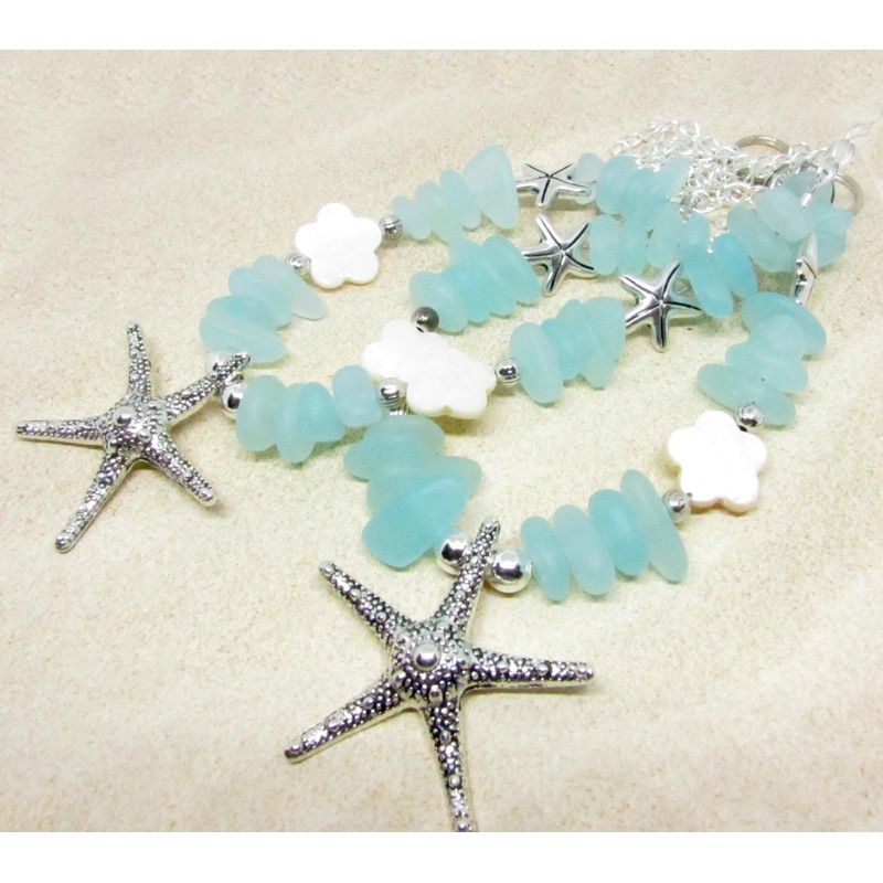Starfish Curtain Tie Backs with Ocean Blue Sea Glass Beads,