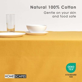 HOMESCAPES Yellow Table Cloth, Plain Cotton Tablecloth, Large Rectangular, Handcrafted & Durable Dining Table Cover with Hem Stitch, Hypoallergenic, Washable, Mustard Yellow - 137 x 228cm