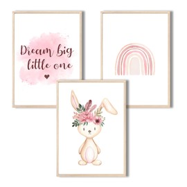 MeinBaby123® Children's Room Pictures, Set of 3, DIN A4 Poster Set, Wall Pictures with Saying, Rainbow, Decorative Children's Room Girls, Baby Room Decoration, Premium Wall Poster (Rabbit and Rainbow)