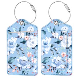 (Set of 2) Luggage Tag Leather Privacy Cover ID Label Address Card with Stainless Steel Loop, Travel Bag Tags Suitcase Labels, Blue Flower