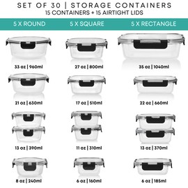 Razab 30 PC Glass Food Storage Containers with Lids - Reusable Glass Meal Prep Containers for Lunch & Leftovers - Airtight & Leakproof Snap Locking Lids - Oven, Freezer, Microwave & Dishwasher Safe