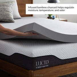 Lucid 4 Inch Bamboo Charcoal Infused Memory Foam Mattress Topper - Queen Size – Moisture and Odor Control - Ventilated - Ultra Plush Feel, Pressure-Relief Bed Topper – CertiPur Certified