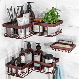 YASONIC Corner Shower Caddy, 3-Pack Adhesive Shower Caddy with Soap Holder and 12 Hooks, Rustproof Stainless Steel, No Drilling Wall Mounted Rack Organizer, for Bathroom, Bronze