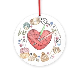 CafePress Cute Pink Wool Yarn Heart Knitting Crochet Round 4" MDF Holiday Ornament