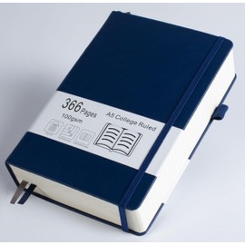 Thick College Ruled Notebook with 366 Numbered Pages, A5 Journal for Writing with 100GSM Lined Paper, Hardcover Leather Notebooks for Women Men School Note Taking Office Work Diary, 5.7"x8.3" Navy