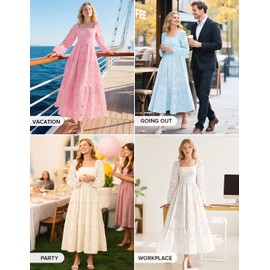 ZESICA Women's Fall Long Sleeve Maxi Dresses 2025 Square Neck Hollow Out Eyelet Smocked A Line Boho Wedding Guset Dress Apricot Medium