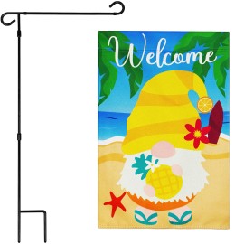 UD_G128 Combo Pack: Garden Flag Stand Black 36 in x 16 in & Garden Flag Summer Decoration Welcome Gnome at Beach with Pineapple