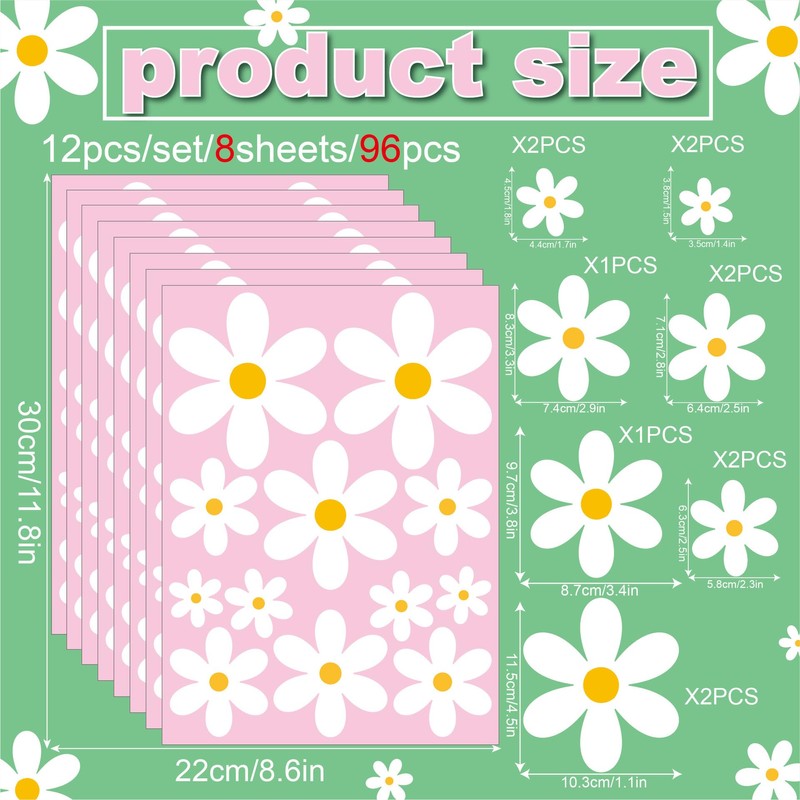 White Daisy Window Clings, 96 Pieces, 8 Sheets, Spring Flower