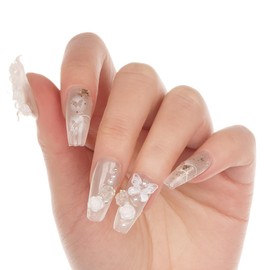 Long Coffin Press on Nails - Cloudy White | Ballerina Artificial False Nails, Glossy White Fake Nails with 3D Flowers & Butterfly & Pearls | Salon Quality Reusable Nails Kit (Size M)