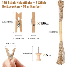 Furuising Pack of 156 Small Wooden Clothes Pegs, Wooden Pegs, Small, 25 mm Natural Mini Clothes Pegs, Small with 10 m Jute Cord and 5 Picture Needles for Hanging Photos, DIY Craft Decoration