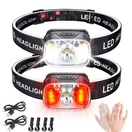 COSMOING Type-C Rechargeable Red Headlamp (2 Pack), 1200 Lumen 14 Modes Bright White Light Head Lamp with Motion Sensor, IPX4 Waterproof Adjustable Strap Headlamp for Camping,Running,Cycling
