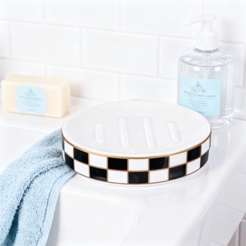Ceramic Checkered Soap Dish,Black&White Soap Dish for Bathroom Sink, Bar