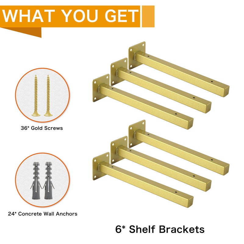 EZYDECOR 6 Pcs Gold Shelf Brackets Heavy Duty Brackets for