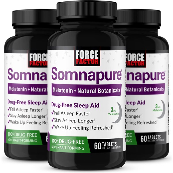 Force Factor Somnapure 3-Pack, Drug-Free Sleep Aid for Adults for Occasional Sleeplessness with Melatonin & Valerian, Non-Habit-Forming Sleeping Pills, Fall Asleep Faster, 180 Tablets
