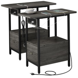 LIDYUK End Table with Charging Station, Narrow Side Table with Drawer and USB Ports & Power Outlets, Nightstand Bedside Tables for Small Spaces, Bedroom, Living Room, Dark Grey, Set of 2