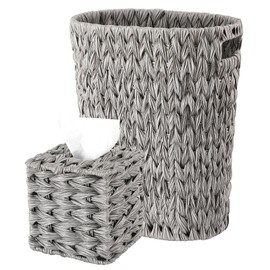 Wicker Trash Can & Square Tissue Box, Handwoven Waterproof Waste Basket with Handles, Wicker Home Set for Bedroom, Bathroom, Kitchen, Office, Balcony, Grey