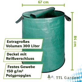 TTL Garden 1 x 300 L Premium Garden Bag with Lid, Lockable, Self-Standing, 4 Handles 150 gsm, Extra Large, Stable, Robust and Foldable 300 Litre Bag, Leaf Bag, Grass, Garden Waste, Green Cuttings