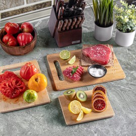 Bamboo Cutting Boards for Kitchen [Set of 3] Wood Cutting Board for Chopping Meat, Vegetables, Fruits, Cheese, Knife Friendly Serving Tray with Handles, 3 Piece Large, Medium, Small Size for Food Prep