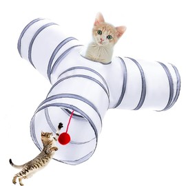 Deofun Cat Tunnel Tube Toys, Tunnels for Indoor Cats, 3 Way Colorful White Gray Collapsible Interactive Toy with Balls for Rabbits, Kittens, Ferrets, Puppy
