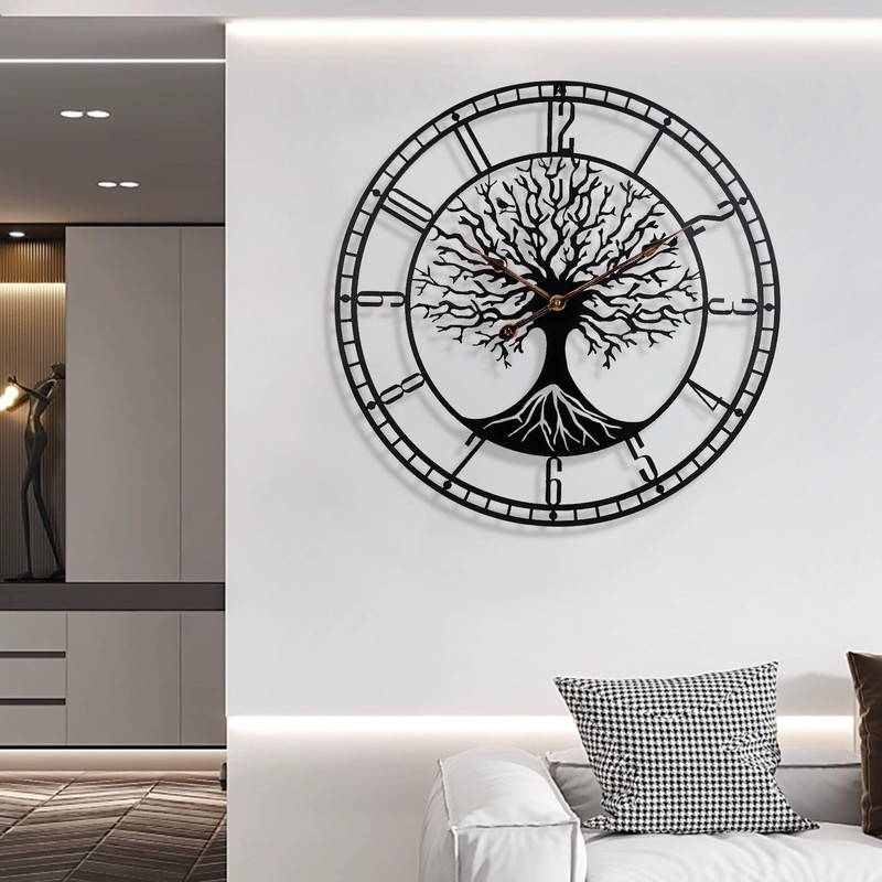 Dankeit Tree of Life Wall Clock, 24Inch Metal Black Family