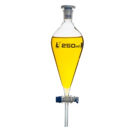Squibb Separating Funnel, 250ml - 19/26 Plastic Stopper, PTFE Key Stopcock, Ungraduated - Borosilicate Glass - Eisco Labs