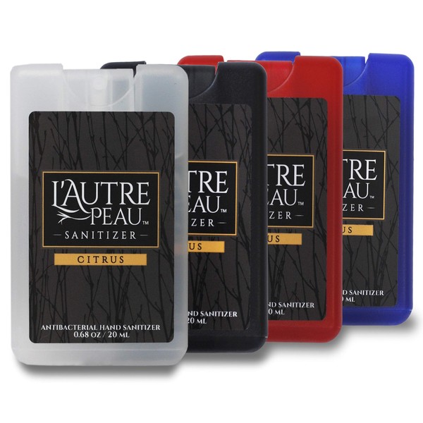 Antibacterial Travel Hand Sanitizer Spray with Aloe Vera by L’AUTRE PEAU - Unique Flat Credit Card Shape - Citrus Scented Mini Pocket Size (4 Pack - 20ML, Frost,Black,Red,Blue)