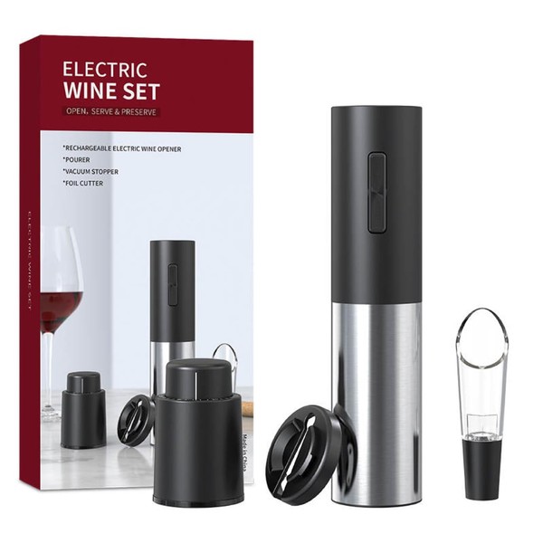 Electric Rechargeable Wine Gift Set, Open Serve & Preserve, Rechargeable Electric Wine Opener, Pourer, Vacuum Stopper, Foil Cutter, Gift Set