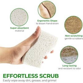 Biodegradable Natural Kitchen Sponge, Compostable Cellulose and Coconut Scrubber Eco-Friendly Dishwashing Sponge, 8 Pack Household Cleaning Foam for Dishes