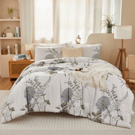 SUCSES 3 Pieces Floral Comforter Set Queen Size Botanical Flower Bedding Set with Pillowcases Farmhouse Garden Style Queen Bed Sets for Men Women