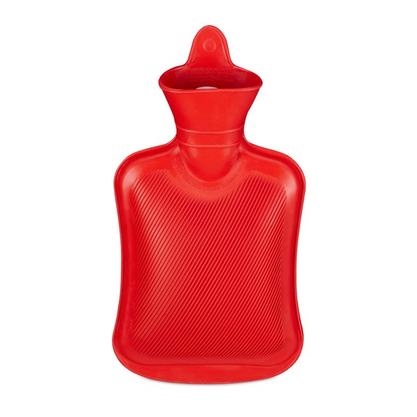 Relaxdays Hot Water Bottle, 1 Litre, Durable, Safe Hot Water Bottle, Bed Bottle Without Cover, Odourless Natural Rubber, Red, Pack of 1