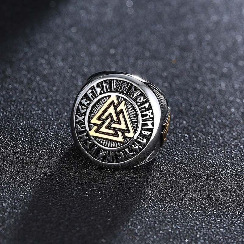 PikaLF Triple Valknut Ring With Rune Circle Symbol, Odin Symbol