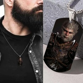 Black Myth Wukong Necklace for Men Square Pendant Necklace Titanium Steel Box Chain Pendant Necklace Black Myth Wukong Keepsake Trend Black Myth Necklace Jewelry (Wukong Pendant)