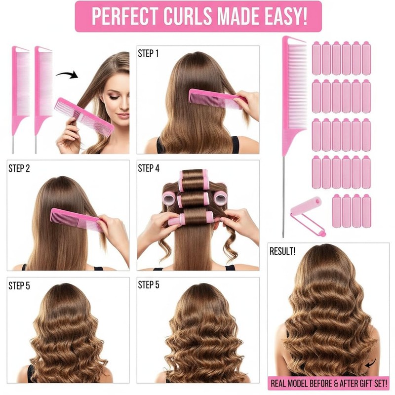 Hair Roller Set with Rat Tail Combs 28 Foam Rollers