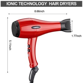 Professional Salon Hair Dryer, Blow Dryer Active Oxygen Negative ions Dryer with 2 Attachments, Cool Shot Button Low Noise for Fast Drying for Family, Low Noise (Mirror Red)