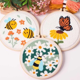 Attuslla 3 Set Embroidery Starter Kits for Beginner, Punch Needle Kit with Instruction, Plastic Hoop, Yarns and Embroidery Handle Needle Pen (Wasp and Butterflies)