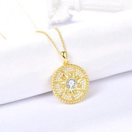 AENEAS 14K Gold Plated Sun Necklace for Women 925 Sterling Silver Birthstone Sun Coin Necklace Sun Jewelry Gifts for Women Girls Sterling Silver Diamond, Sterling Silver, Diamond