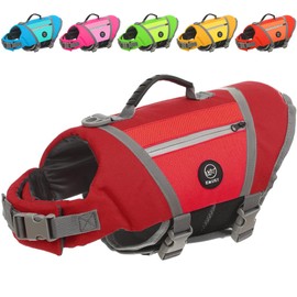 EMUST Dog Life Vests for Swimming, Adjustable Dog Life Jackets for Small Dogs with Hook & Loop, Reflective Dog Swim Vest with Quick-Release Buckles for Bulldogs, Dachshunds, Corgis, Red, S