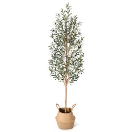 Faux Olive Tree 7FT – Tall Artificial Plants Indoor with Real Wood Trunk & Seagrass Basket, Lifelike Silk Leaves & Fruits – Potted Large Fake Trees for Home, Living Room, Bedroom & Office Decor