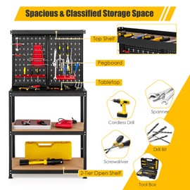 S AFSTAR 31.5 x 16 Inches Workbench, Wood Garage Workbench w/Peg Board & 2 Lower Shelves, 14 Hanging Accessories, 220 lbs Load Capacity, Heavy-Duty Steel Work Bench for Garage Workshop Warehouse