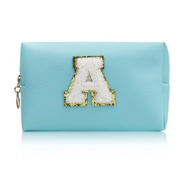 FuninCrea Travel Makeup Bag PU Leather Toiletry Bag Cosmetic Bags Waterproof Make Up Bag Portable Makeup Organiser Bag with Zipper for Storing Toiletries, Cosmetics, Makeup Tools (Blue-A)