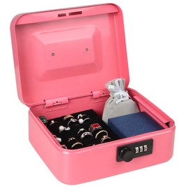 Cash Box with Money Tray, Parrency Medium Money Box with Combination Lock, 7 4/5" x 6 4/5" x 3 3/5", Pink