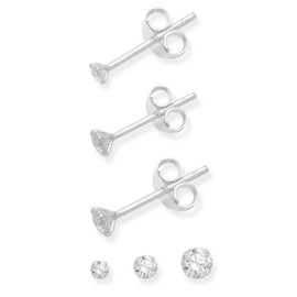 Set of 3 Single Sterling Silver Cubic Zirconia Earrings (NOT Pairs - Singles) - Total 3 Round Stud Earrings - Sizes: 1 Single Each of 2mm, 3mm & 4mm. Gift Boxed 5768SET/SINGLES