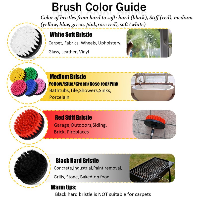 Drill Brush Attachment Set, 7 Pack 1/4in Power Scrubber Brush