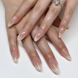 Uñas Postizas Francesas Con Punta Almendrada, Uñas Acrílicas Postizas De Otoño, Color Nude, Rosa Y Blanco, Cobertura Total, Para Mujeres Y Niñas (24 U